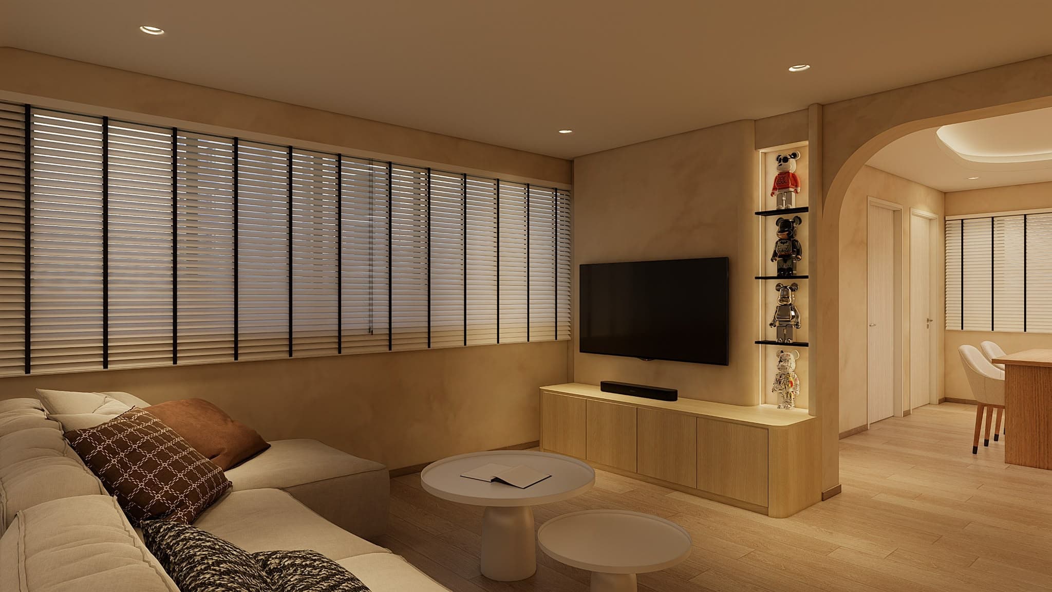 AI-generated HDB renovation concept showing the living room, TV cabinetry and dining area