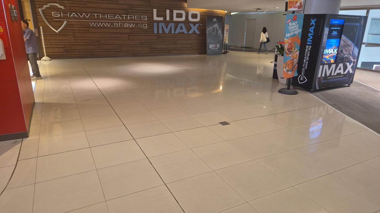 Shaw Theatres Lido IMAX signage above the tiled foyer